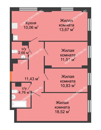 4 комнатная квартира 83,44 м² - ЖК Каскад на Ленина