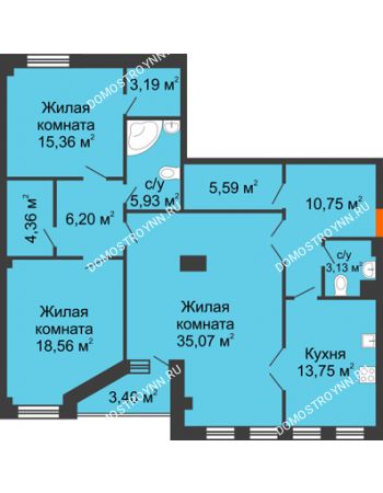 3 комнатная квартира 123,59 м² в ЖК Дом на Провиантской, дом № 12