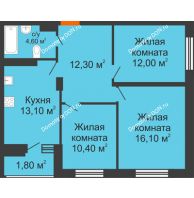 3 комнатная квартира 70,3 м² в ЖК Вересаево, дом Литер 13/1 - планировка