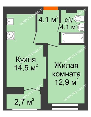 1 комнатная квартира 36,95 м² в ЖК Заречье, дом № 1, секция 2