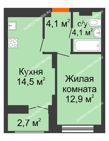 1 комнатная квартира 36,95 м² в ЖК Заречье, дом № 1, секция 1