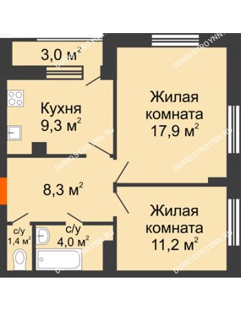 2 комнатная квартира 53,6 м² в ЖК Октава, дом № 3