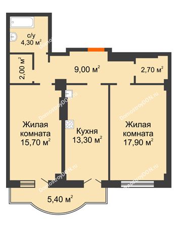 2 комнатная квартира 70,3 м² в ЖК Парк Островского 2, дом № 2