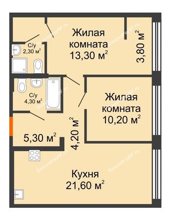 2 комнатная квартира 66,5 м² в ЖК Речной порт, дом № 1
