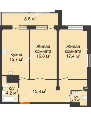 2 комнатная квартира 76,5 м² в ЖК Квартет, дом № 3