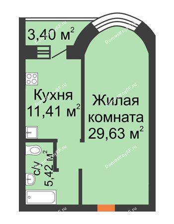 1 комнатная квартира 49,86 м² - ЖК На Владимирской