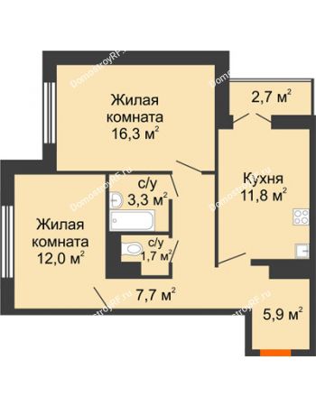 2 комнатная квартира 60,1 м² в ЖК По ул. Дорожная, дом Позиция 1